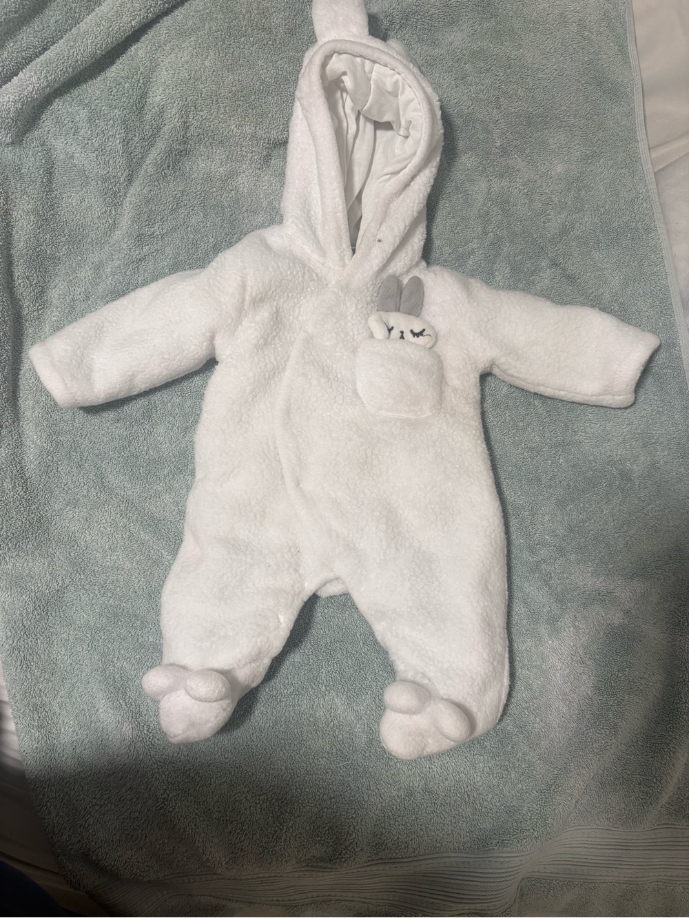 Plush White Hooded Baby One-Piece with Bunny Pocket